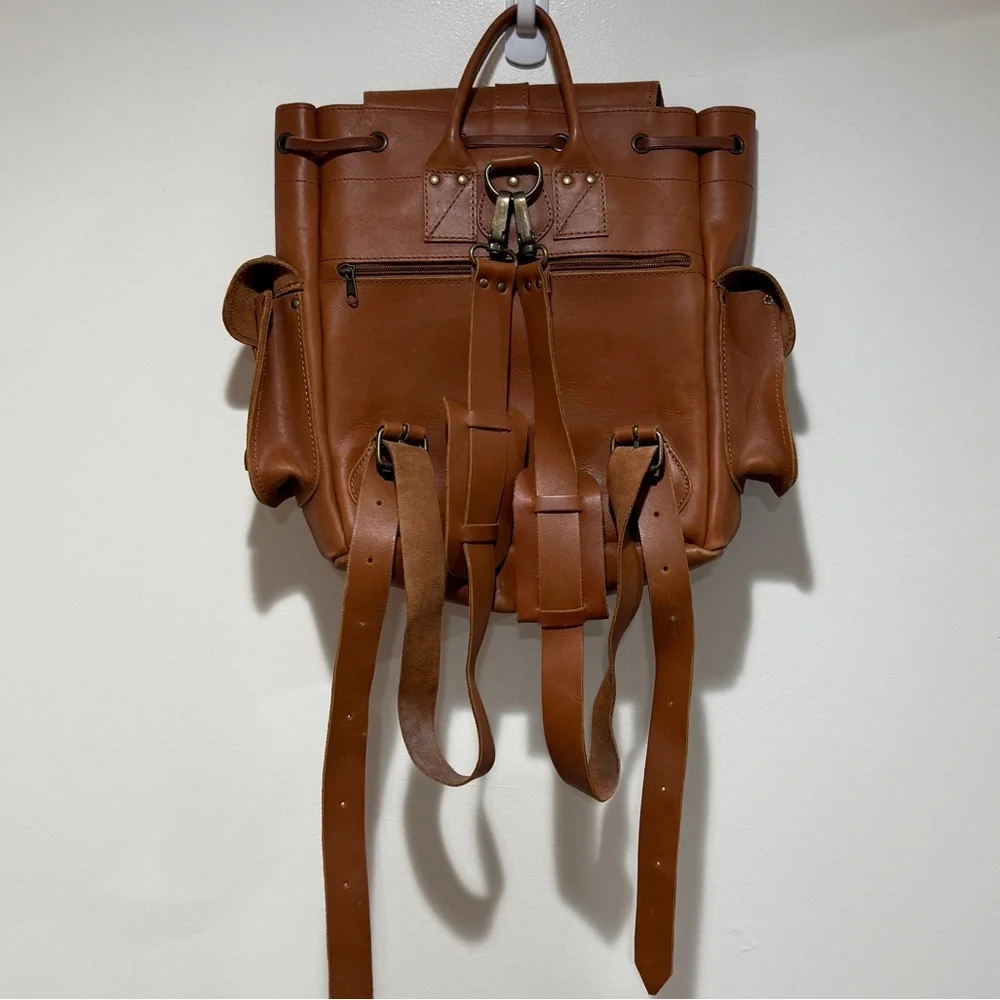 Handmade Greek Genuine Leather Backpack Travel Rucksack‎ Side Pockets Brown